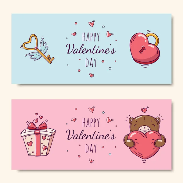 Zwei horizontale Banner mit süßer Liebesillustration im Doodle-Stil zum Valentinstag — Stockvektor