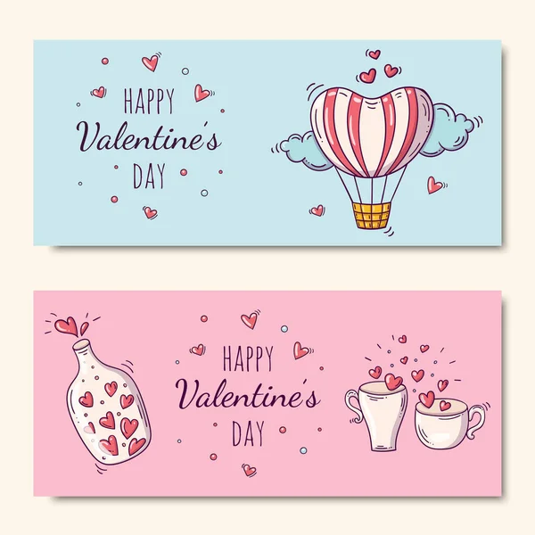 Twee horizontale banners met heteluchtballon en fles en een paar kopjes met hartjes in krabbelstijl voor Valentijnsdag — Stockvector