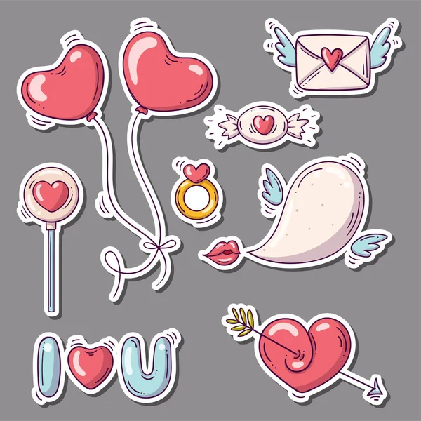 Set of stickers with hearts and other love objects for st. Valentines day in doodle style — Stock Vector