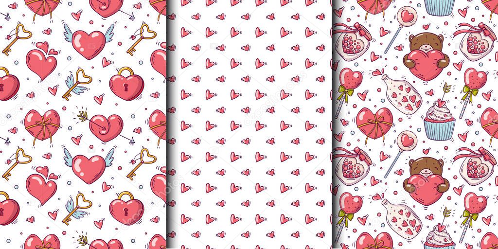 Set of seamless patterns with valentines day and love objects in doodle style on white background