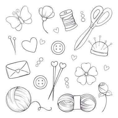 El yapımı. Örgü, dikiş ve nakış işleri için karalama tarzında nesneler