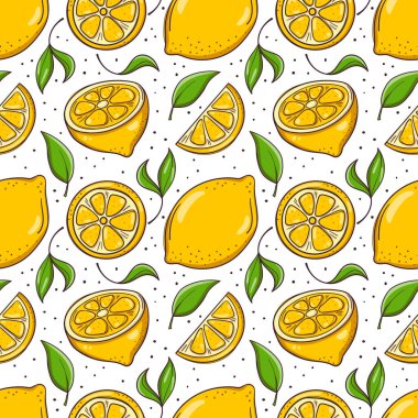 Limonlar ve yapraklarla el çizimi pürüzsüz bir arka plan.