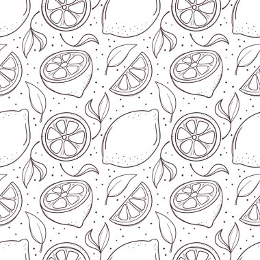 Limonlar ve yapraklarla el çizimi pürüzsüz bir arka plan.