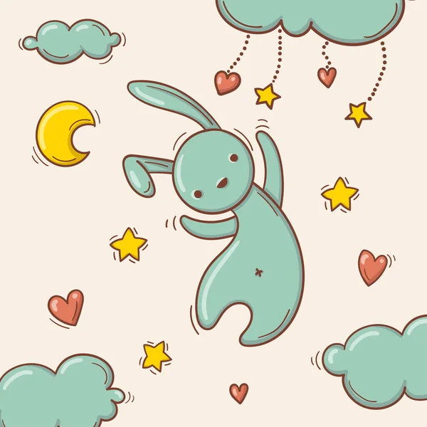 Conejo de juguete volador dibujado a mano entre las nubes — Archivo Imágenes Vectoriales