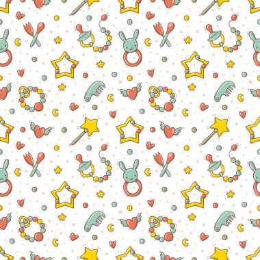 Bebek oyuncakları ve aksesuarlarıyla elle çizilmiş kusursuz desen.