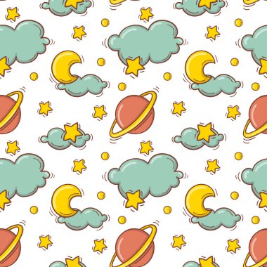 Bebek oyuncakları ve aksesuarlarıyla elle çizilmiş kusursuz desen.