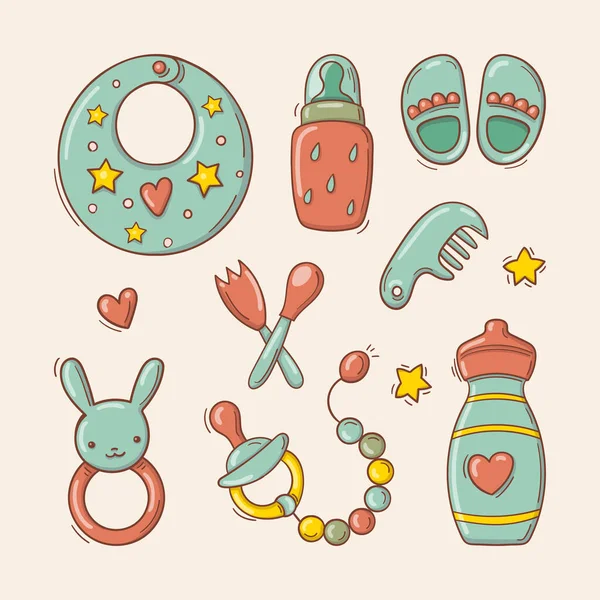 Conjunto Desenhado Mão Brinquedos Acessórios Para Bebê —  Vetores de Stock