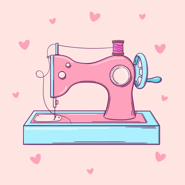 Máquina de coser rosa vieja dibujada a mano sobre fondo rosa con corazones — Vector de stock