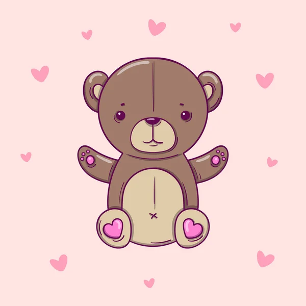 Hand drawn teddy bear on pink background with hearts — Stock Vector