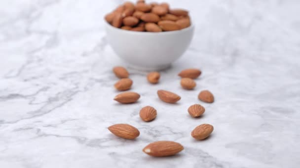 Dolly Shot Almonds Nuts Marble Background — Αρχείο Βίντεο