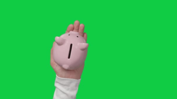 お金の概念を保存し アジアの女性の手は クロマキー緑の画面の背景に貯金箱にお金のコインを置く アルファチャンネル — ストック動画