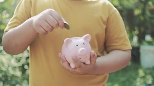 Geld Besparen Concept Little Boy Hand Zet Geld Munt Spaarvarken — Stockvideo