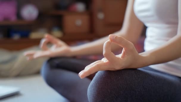 Woman Hand Meditating Lotus Position Bedroom Using Laptop Digital Workout — Stock Video