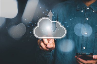 İş adamı el ele tutuşması bulut hesaplama kavramı, Bulut hesaplama kavramı, Yedekleme Verisi İnternet, ağ ve dijital, Paylaşım küresel, teknoloji kavramı.