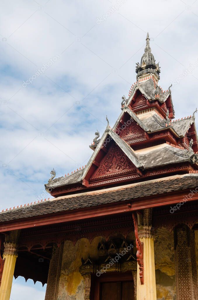 Antique Pavilion of Wat Sisaket Monastery is a Religious Attractive Landmark of Vientiane City of Laos.