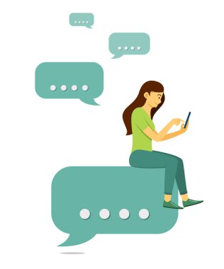 Kadın Sohbet Eden Baloncuk Simgesinde Oturuyor ve Cep Telefonunda Sohbet Ediyor.