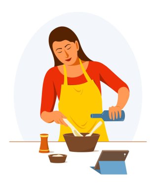 Evde Tek Başına Yemek Yapan Kadın Online Öğreniyor.