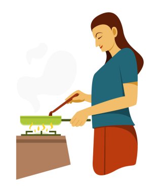 Kadın evde tek başına yemek pişiriyor..