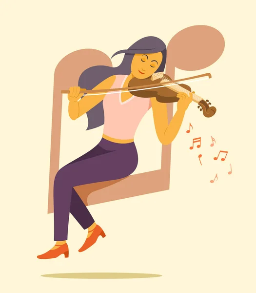 Woman Sit Big Music Note Symbol Enjoy Play Violin — Stock Vector