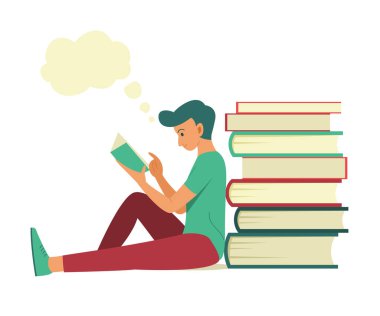 Adam kitap okumak ve iyi bir fikir düşünmek için Büyük Kitap Yığının yanına oturur..