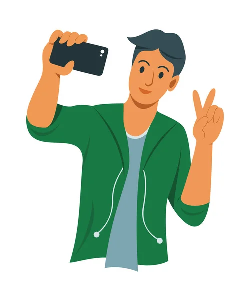 Man Enjoy Take Selfie Photo Mobile Phone — Stockový vektor