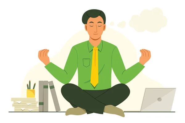Büromensch Sitzt Vor Der Arbeit Schreibtisch Und Meditiert — Stockvektor