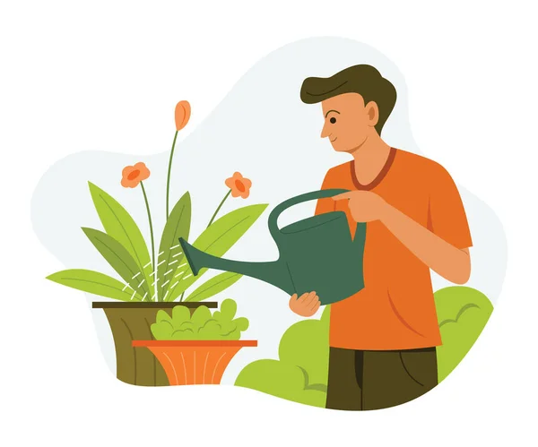 Человек Поливает Растения Саду — стоковый вектор