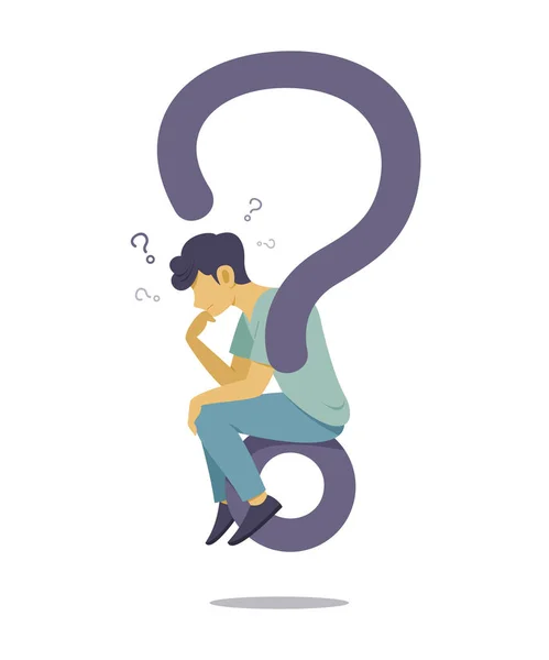 Adam Büyük Soru İşareti Sembolünün Üzerinde Otururken Soruyu Düşünüyor.