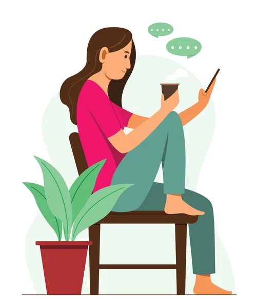 Kadın cep telefonunda sohbet ediyor ve yaşam tarzının tadını çıkarıyor.