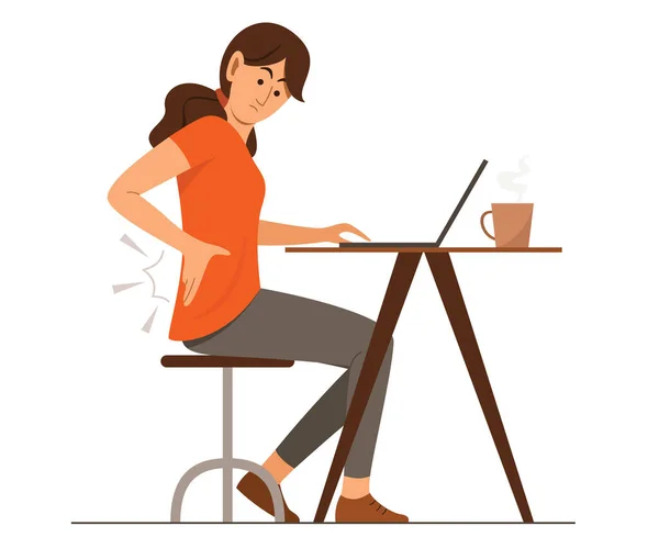 Freelance Woman Poczuj Trochę Bólu Pleców Pasie Podczas Pracy Online — Wektor stockowy