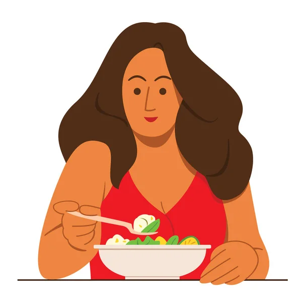 Regordeta Mujer Disfrutar Comer Ensalada Para Buena Salud — Archivo Imágenes Vectoriales