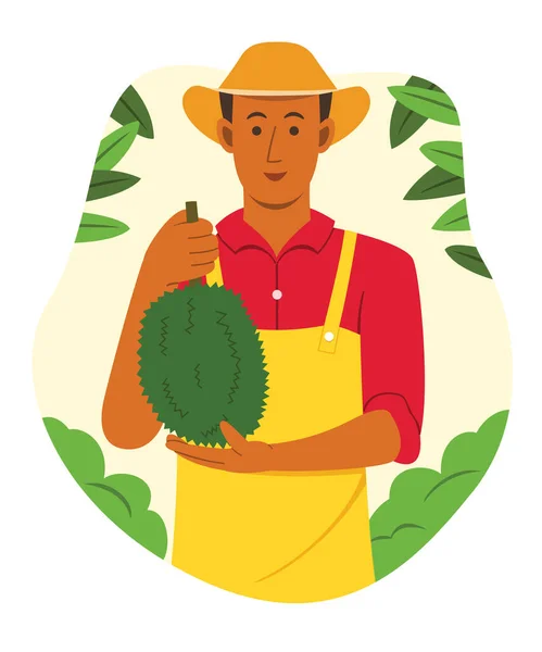 Азиатский Фермер Удерживает Дуриана Сбора Урожая Тропическом Фруктовом Саду — стоковый вектор