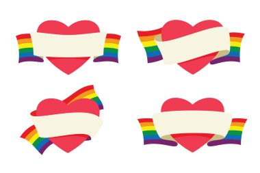 Four Style of Hearts are Wrapped by Rainbow Flag Ribbon Banner for the LGBT Activity.