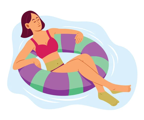 Woman Enjoy Floating Inflatable Swimming Ring Pool Summer Lifestyle — Stock vektor