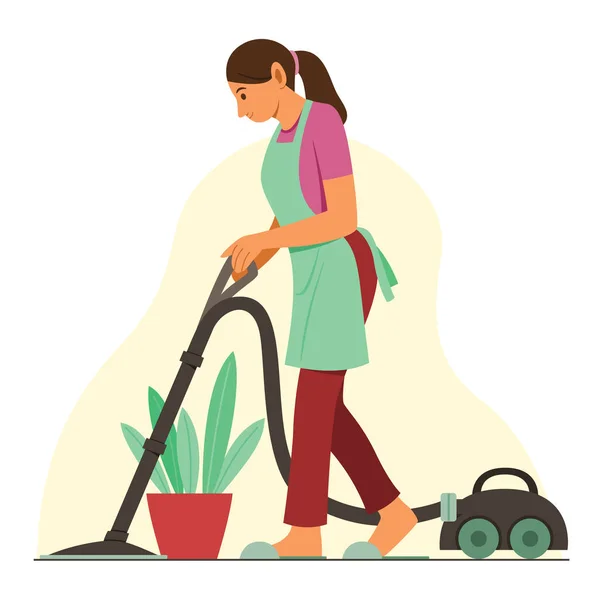 Woman Enjoy Cleaning House Vacuum Cleaner — Stock Vector