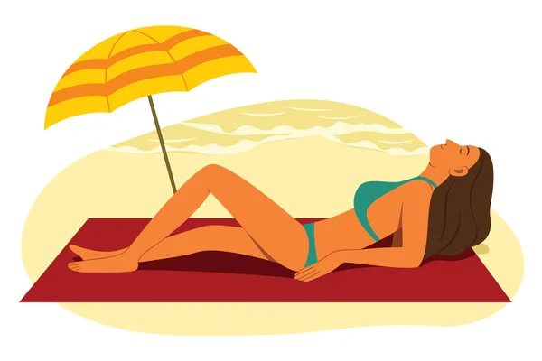 여자는 여름철에 해변에서 일광욕을 즐긴다 — 스톡 벡터
