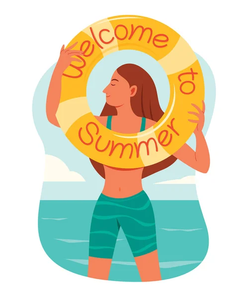 Woman Hold Inflatable Ring Words Welcome Summer — Stock Vector