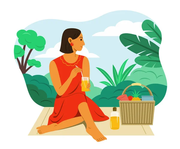 Picnic Mujer Jardín Para Disfrutar Del Estilo Vida Verano — Archivo Imágenes Vectoriales