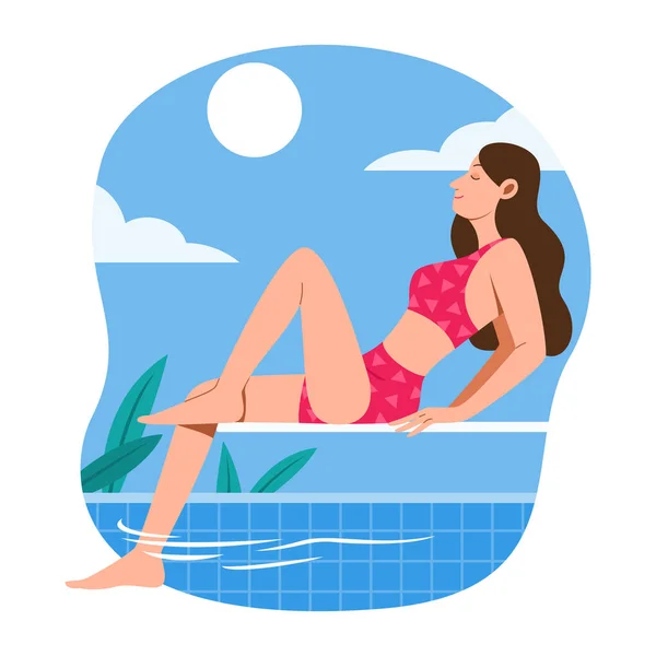 Woman Sit Springboard Swimming Pool Side Relaxing — Stock Vector