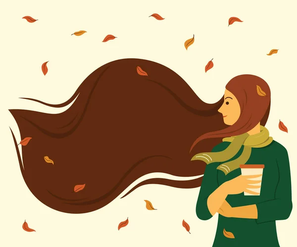 Woman Long Hair Outdoor Dried Leaves Floating Wind Season Autumn — Stock Vector