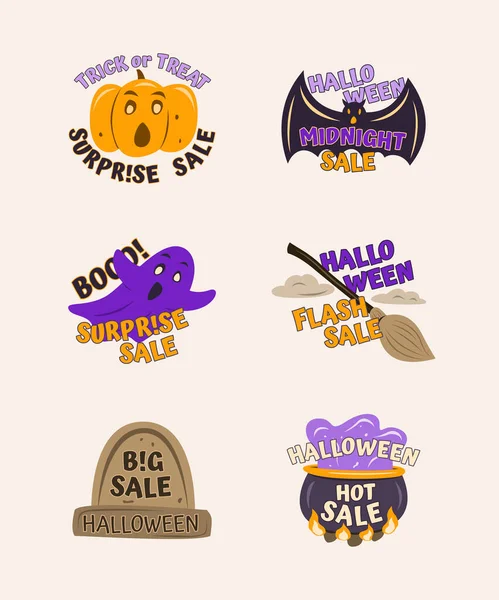 Set Etiquetas Halloween Dibujadas Mano Con Palabras Venta Elementos Espeluznantes — Vector de stock