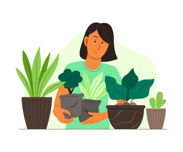 Mujer Disfrutar Actividad Jardinería Con Las Plantas Jardín — Archivo Imágenes Vectoriales