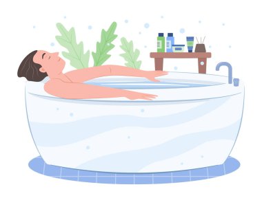 Relaxing Man Soaking in Bathtub for Clean Body and Healthcare Concept Illustration