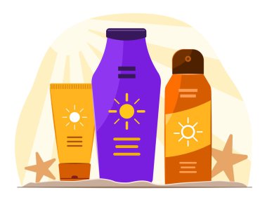 Cilt Tedavisi ve Cilt Bakımı İçin Güneş Ekran Losyonu Şişeleri ve Krem Tüpü ve Cilt Ürünü Kozmetik Ürünleri Çizim Keki Sanatı