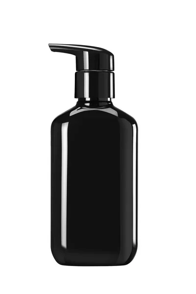 Bottiglia Plastica Lucida Nera Con Contagocce Pompa Medicina Cosmetico Isolato — Foto Stock