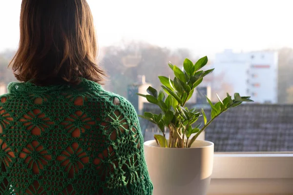 Una Joven Mira Atardecer Día Soleado Otoño Desde Ventana Cuarentena — Foto de Stock