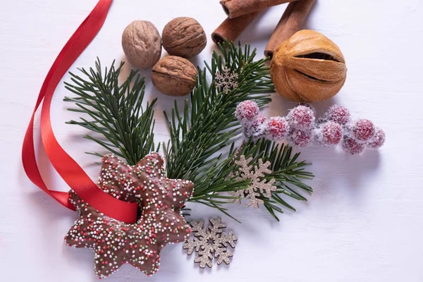 Nozes Decoração Natal Galho Abeto Pão Gengibre Natal Com Fita — Fotografia de Stock