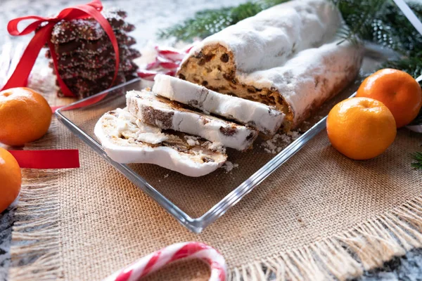 Three Pieces Christmas Cake Marzipan Nuts Raisins Textured Background — Stock Photo, Image