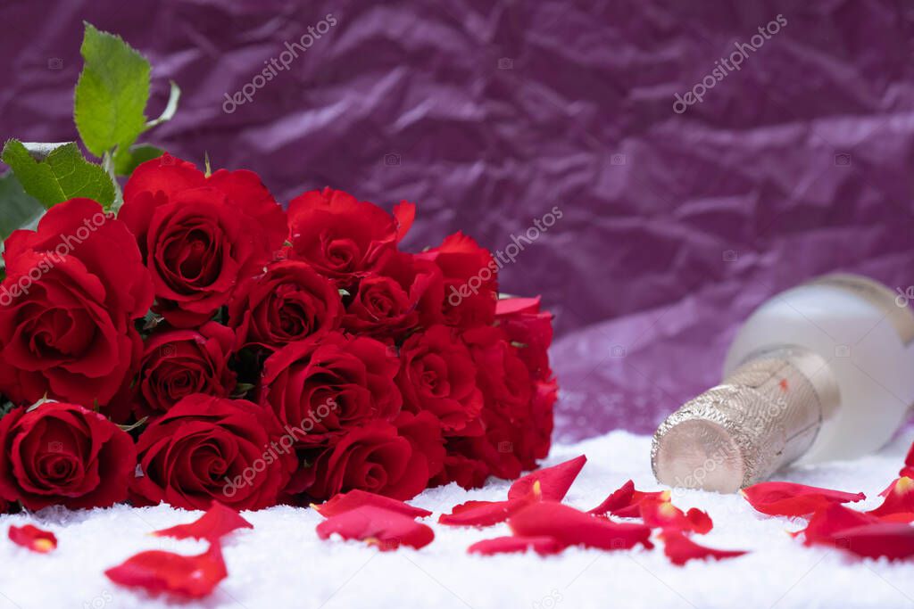 bouquet of red roses on white snow and bottle of champagne on pink background
