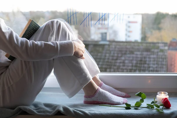 Girl Bored Quarantine Windowsill Next Rose Morning — Stock Photo, Image